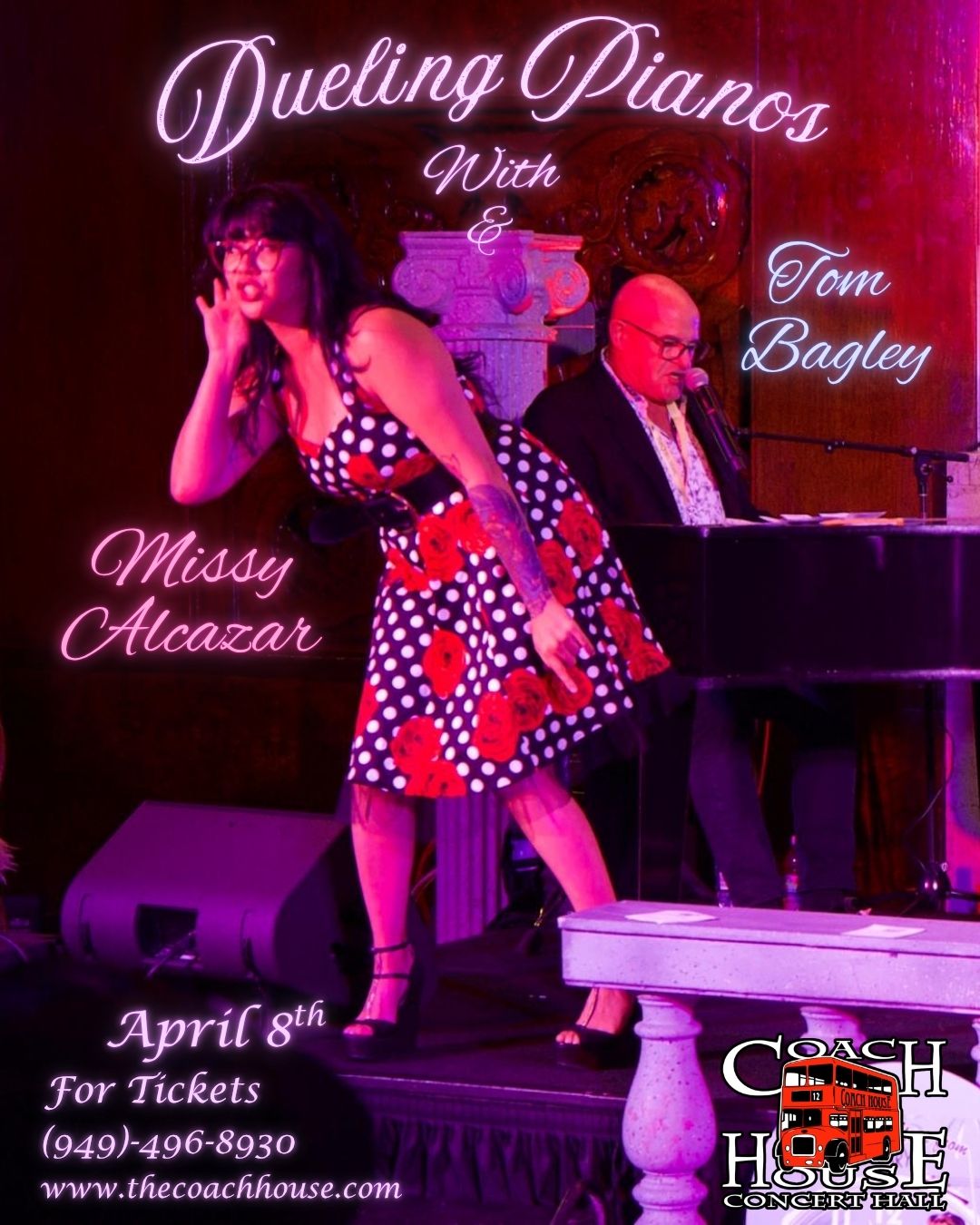 Tom Bagley's Dueling Pianos on April 8.at The Coach House